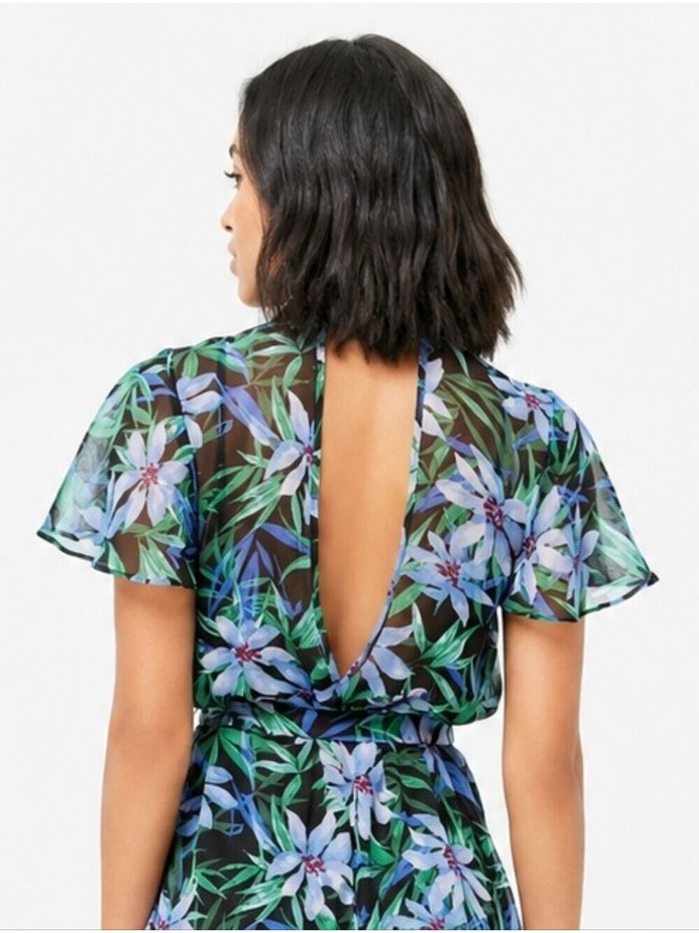Forever 21 Sheer Floral Mock Neck Open Back Tie Waist Mini Dress - Picture 4 of 15